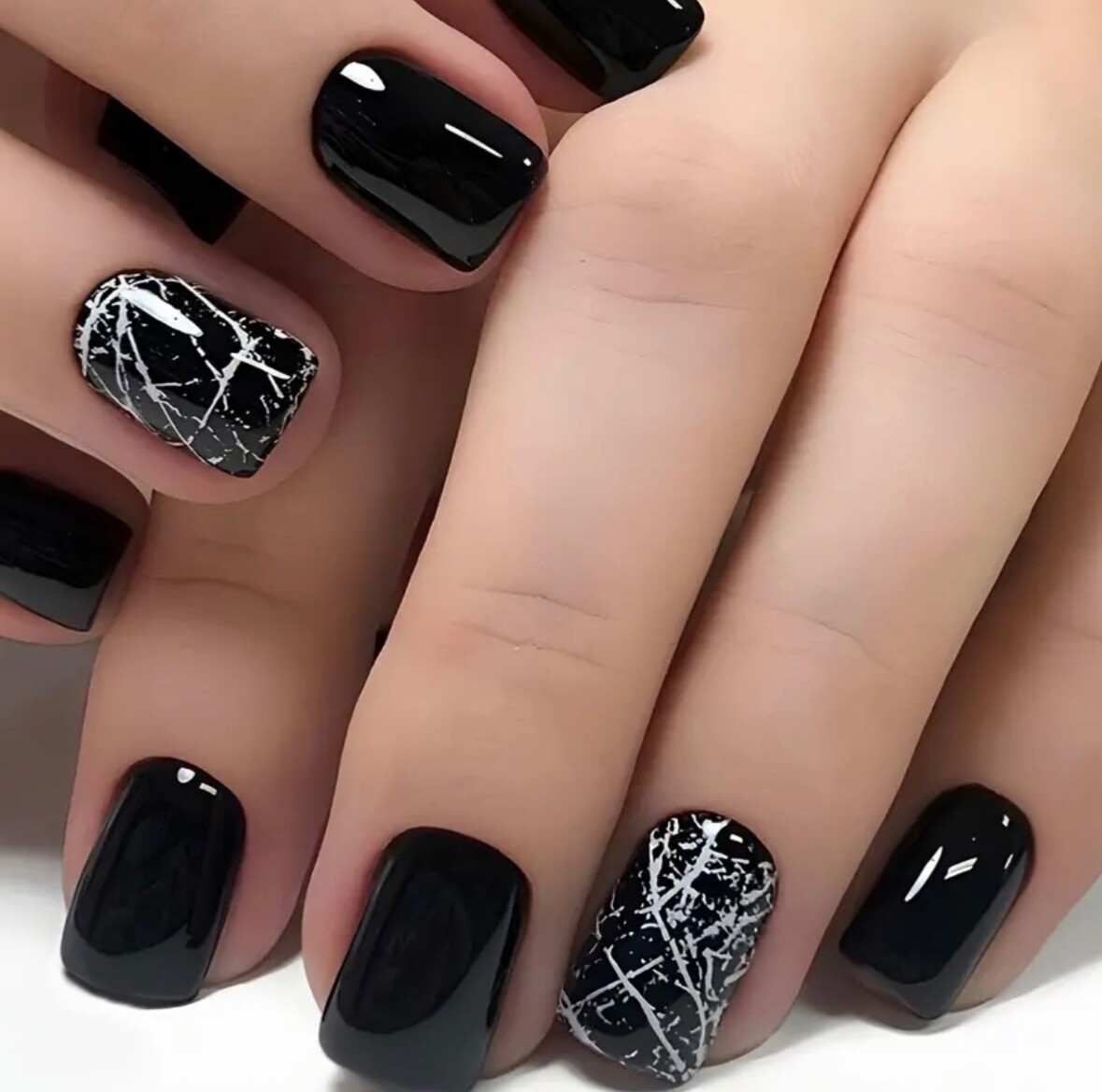 Glossy Black Square with White Marble — Winter Square Nails