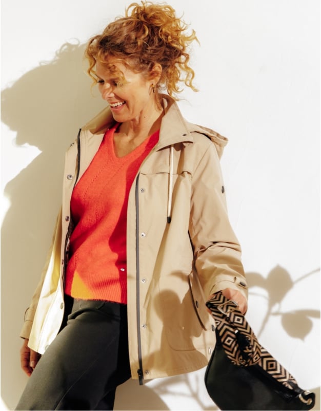Beige Jacket and Vibrant Orange Sweater for Casual Comfort Beige Jacket and Vibrant Orange Sweater for Casual Comfort — Winter Outfits for Warm Weather
