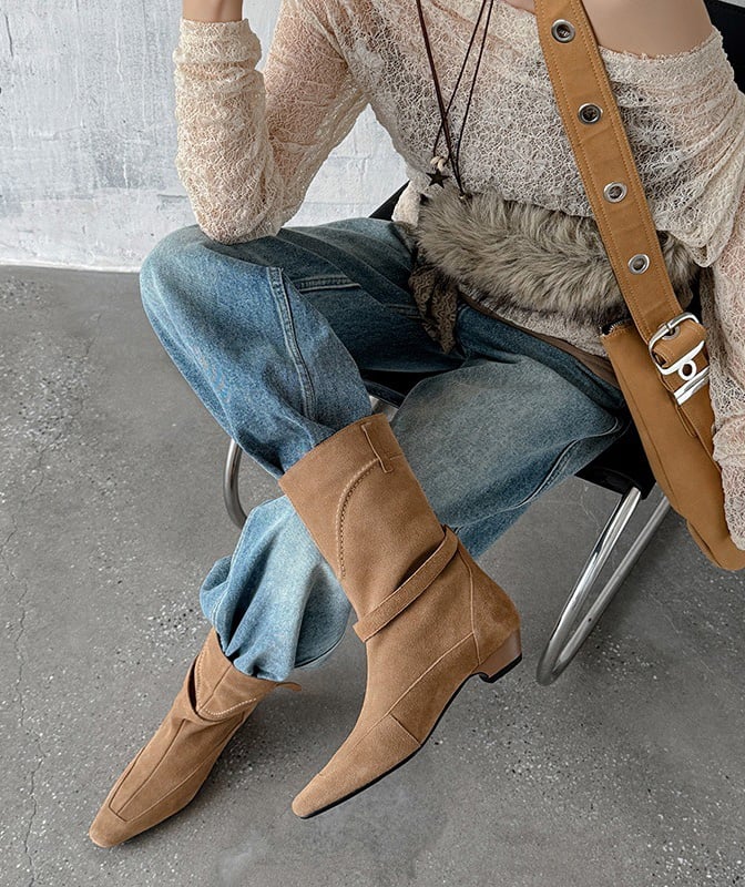 Tan Suede Slouchy Boots with Wide-Leg Jeans and Lace Top Tan Suede Slouchy Boots with Wide-Leg Jeans and Lace Top — Ankle Boots Outfits