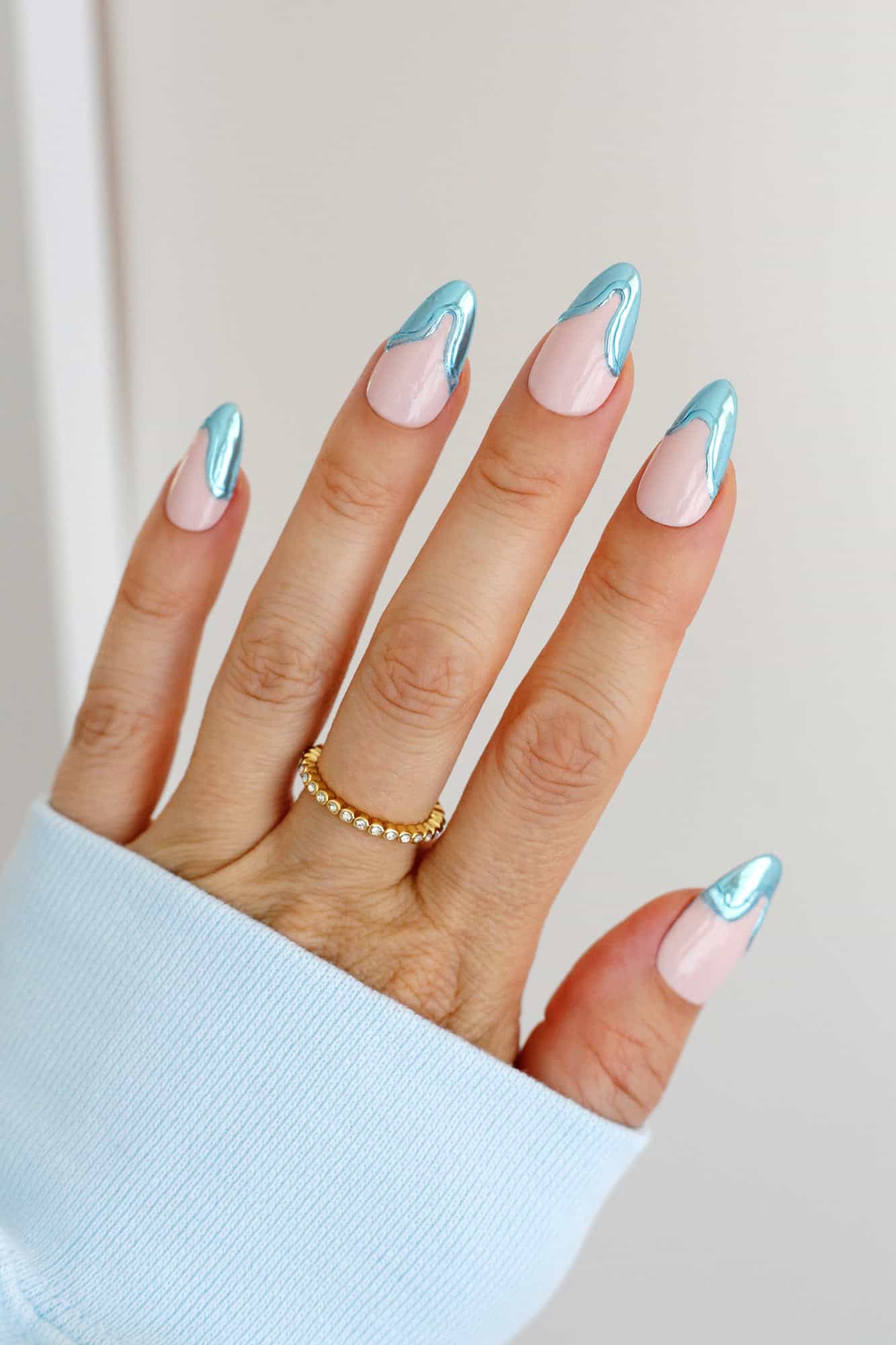 Blue Chrome French Tip Almonds — Winter Chrome Nails