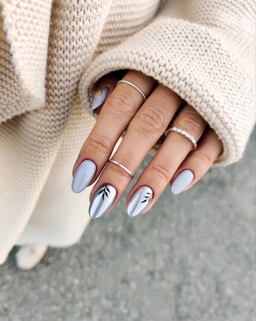 Light Blue with Metallic Silver Leaf Art — Medium Length Winter Nails