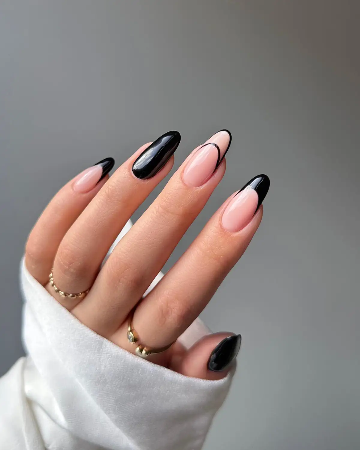 Glossy Black French Tips on Sheer Pink — Winter Black Nails
