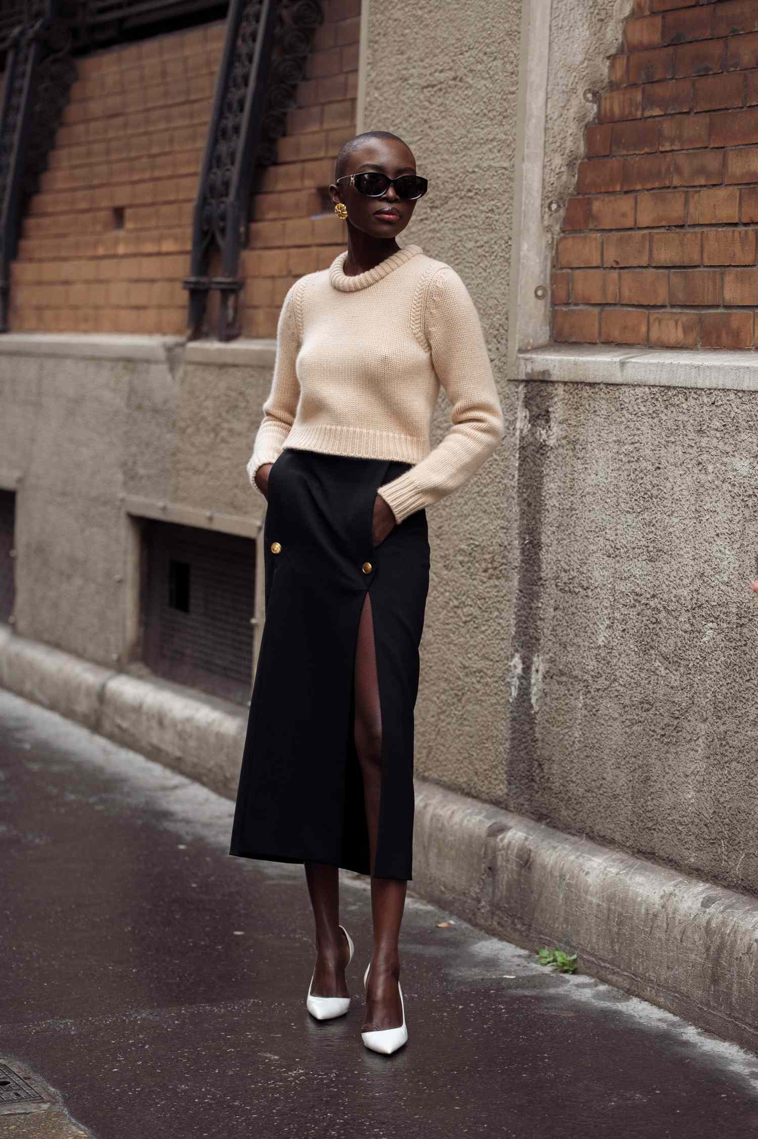 Chic Minimalism: Cable Knit Sweater and High-Slit Midi Skirt Chic Minimalism: Cable Knit Sweater and High-Slit Midi Skirt — February Outfits
