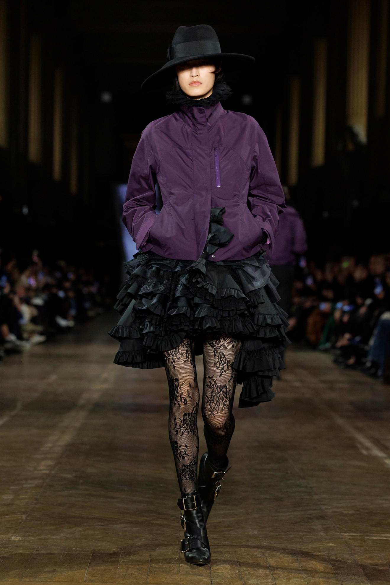 Oversized Purple Jacket over Ruffled Skirt and Lace Tights Oversized Purple Jacket over Ruffled Skirt and Lace Tights — Royal Purple Outfits