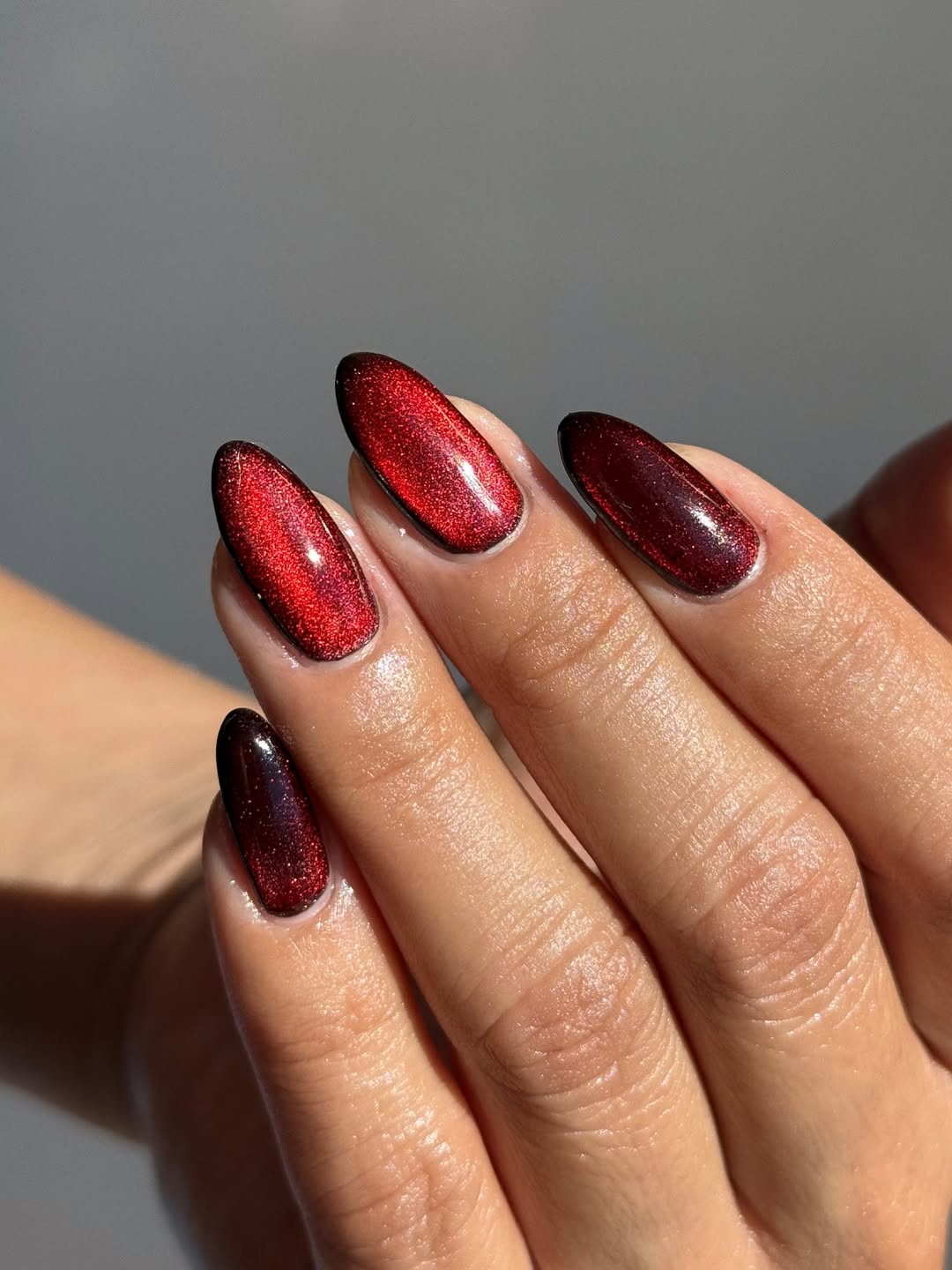 Deep Red Shimmer Cat Eye Stilettos — Winter Cat Eye Nails