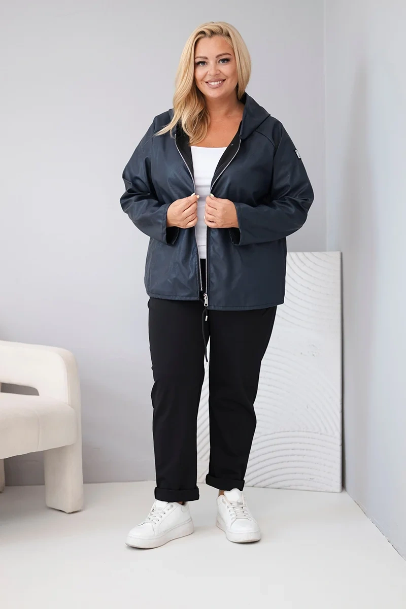 Dark Blue Hooded Jacket Over White Top with Black Pants — Winter Outfits for Plus Size Women