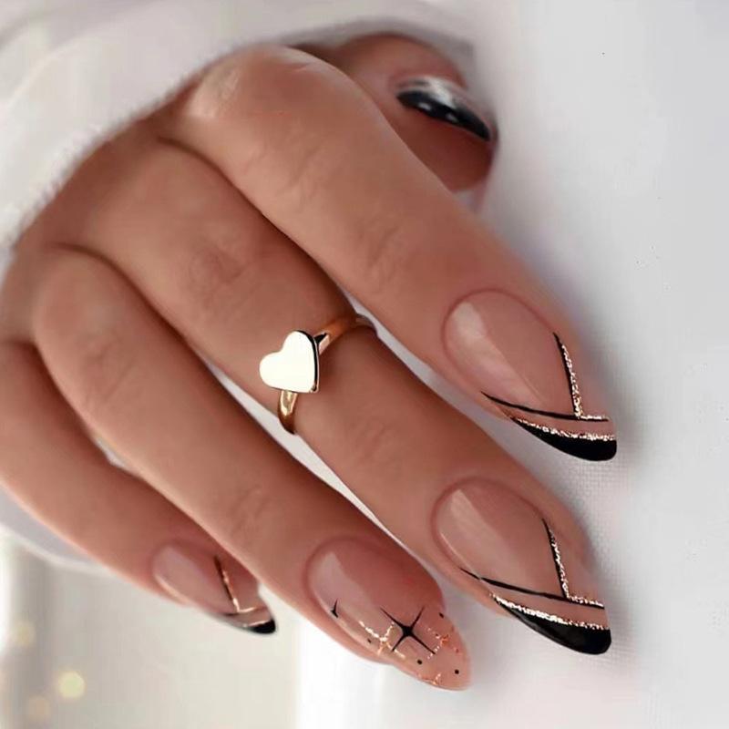 Black French with Gold Accents Almond Nails — Winter Almond Nails