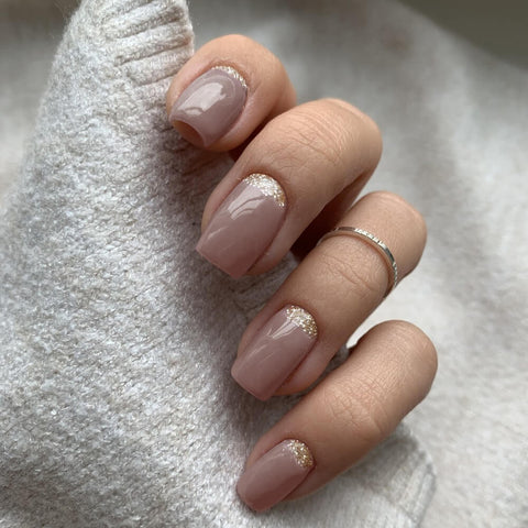 Short Taupe Nude with Glitter Cuticle Accents — Winter Nude Nails