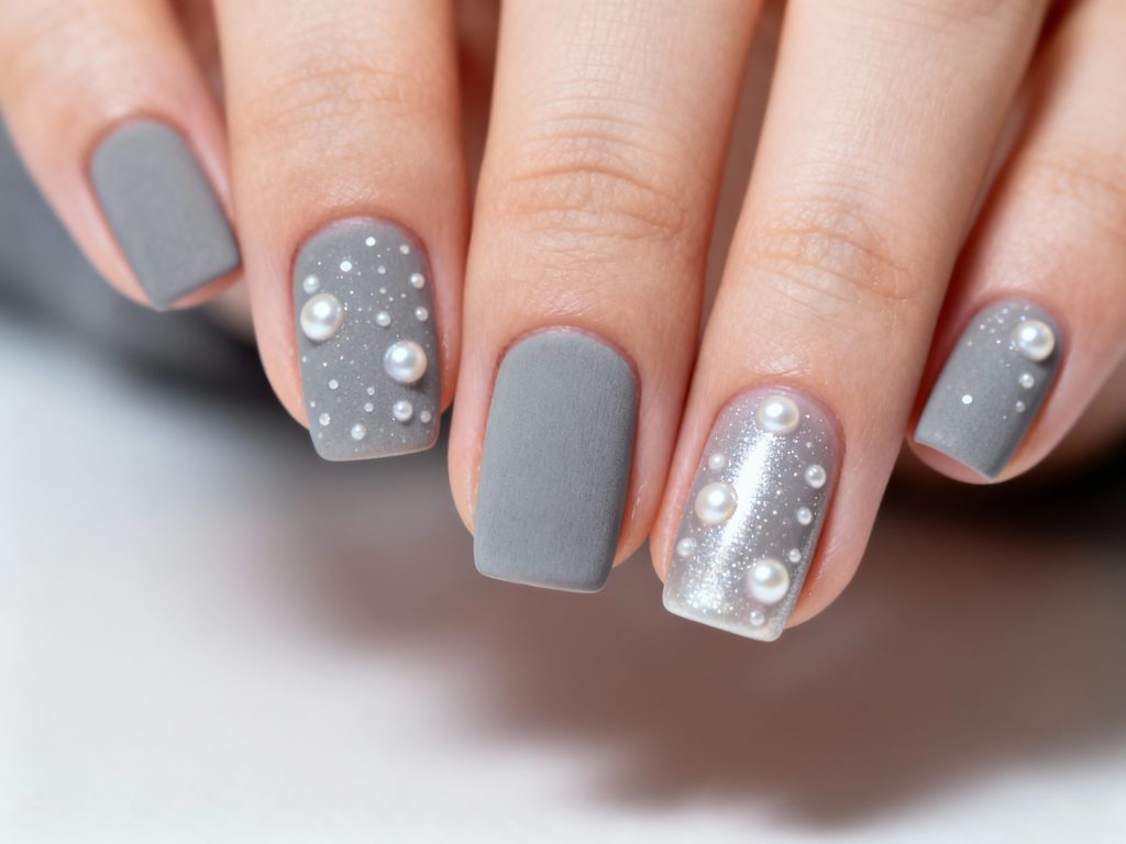 Snowy Pearls Matte Gray — Winter Gray Nails