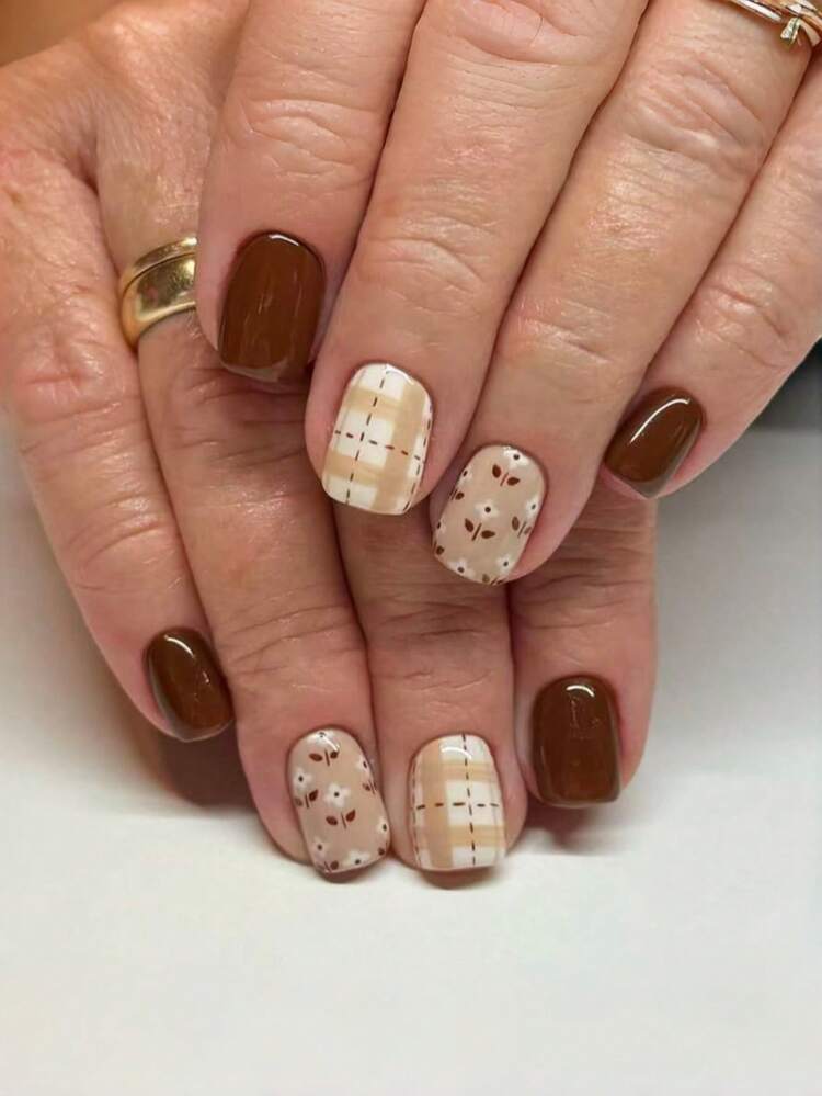 Deep Brown Plaid and Floral Square Nails — Winter Square Nails