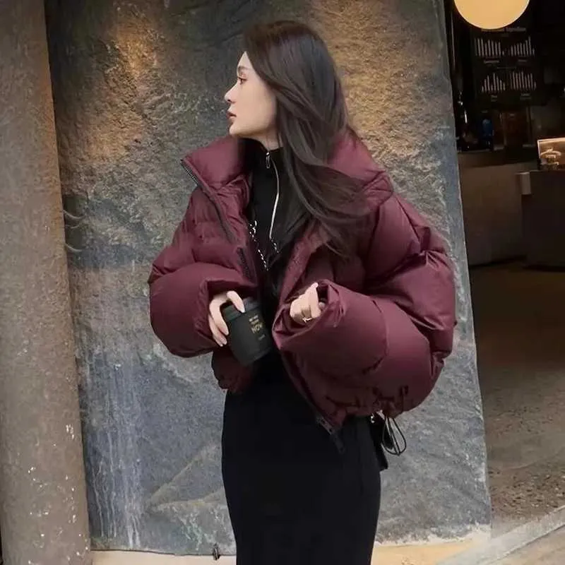 Burgundy Puffer Jacket Over Black Turtleneck and Skirt — Korean Winter Outfits