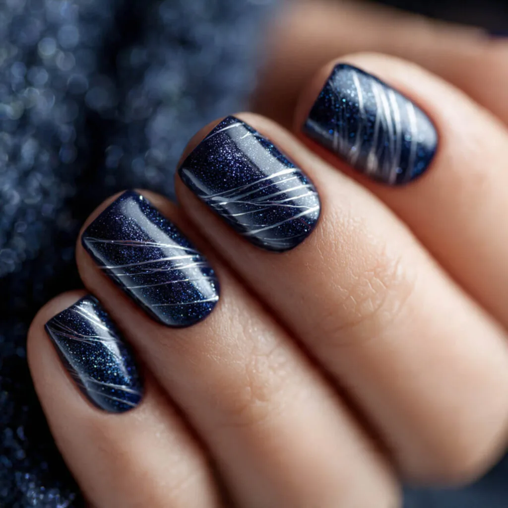 Navy Blue Glitter Cat Eye with Silver Lines — Winter Cat Eye Nails