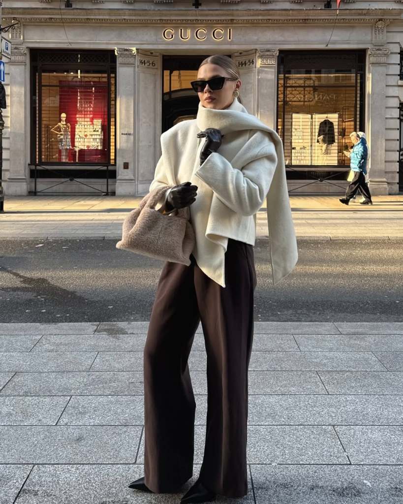 Cream Cropped Jacket with Oversized Scarf and Wide-Leg Trousers Cream Cropped Jacket with Oversized Scarf and Wide-Leg Trousers — Old Money Winter Outfits