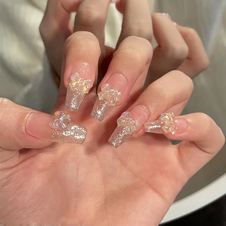Clear Glitter 3D Bow Coffin Nails Clear Glitter 3D Bow Coffin Nails — Winter Coffin Nails
