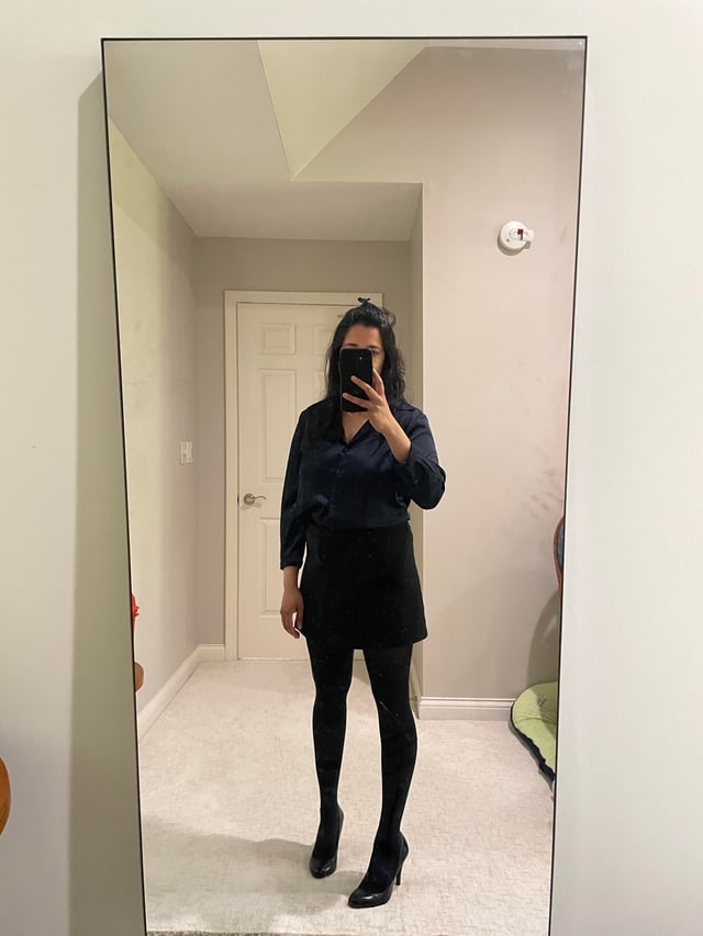 Navy Satin Blouse and Mini Skirt for a Chic Brunch Ensemble Navy Satin Blouse and Mini Skirt for a Chic Brunch Ensemble — Winter Brunch Outfits