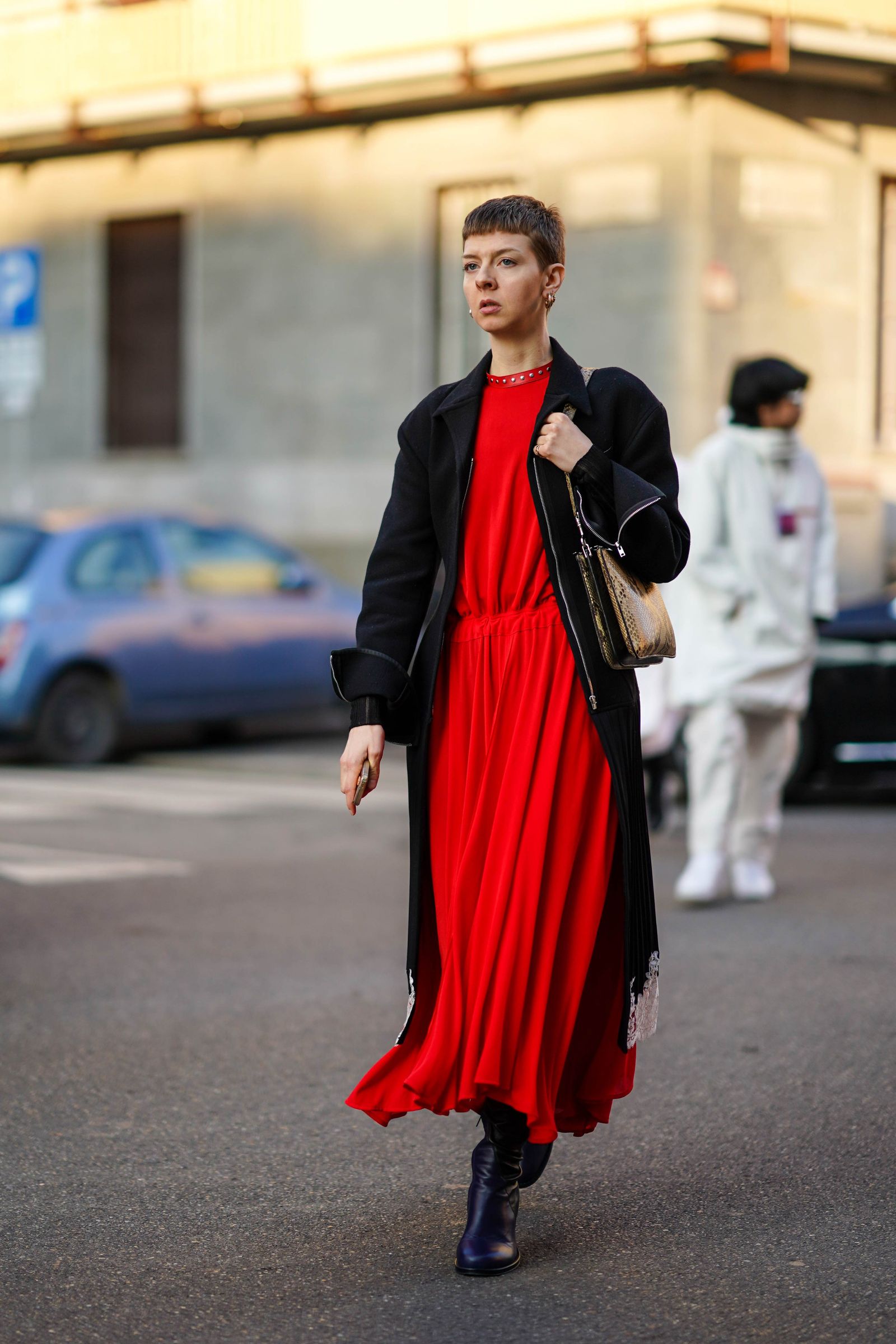 Red Pleated Midi Dress with Black Long Coat — Winter Dress Outfits
