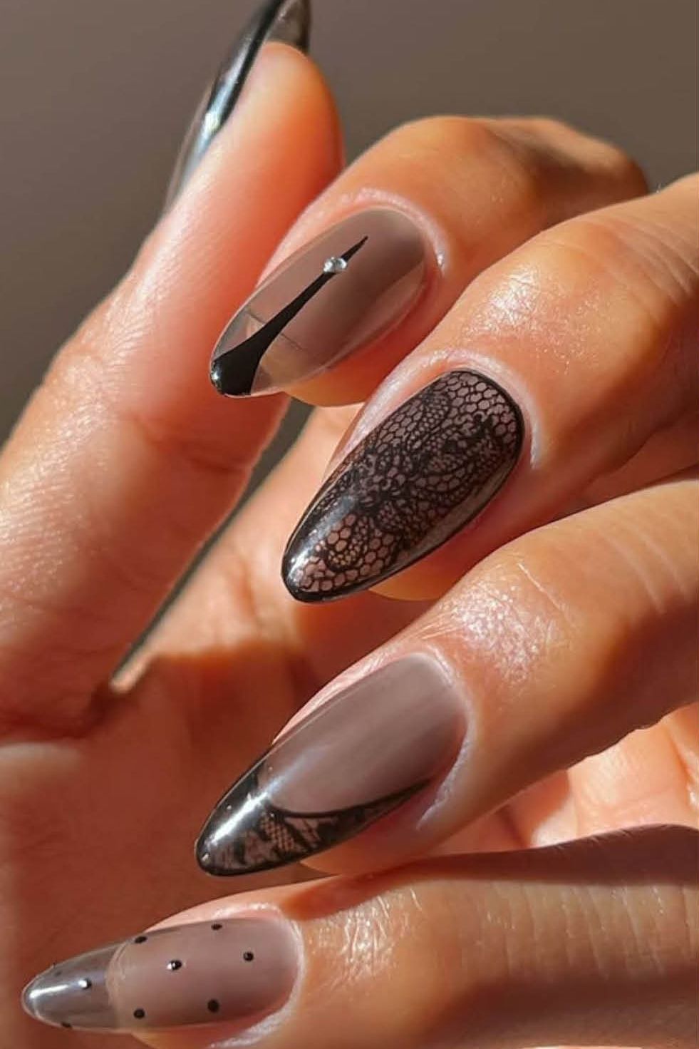 Sheer Taupe with Black Lace Pattern — Medium Length Winter Nails