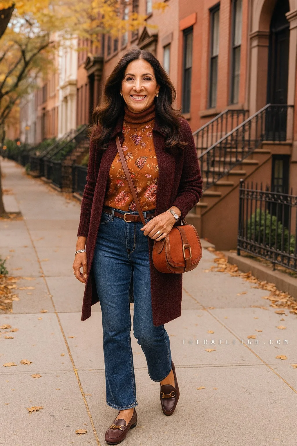 Burgundy Cardigan over Floral Turtleneck with Jeans Burgundy Cardigan over Floral Turtleneck with Jeans — Winter Outfits for Women Over 60