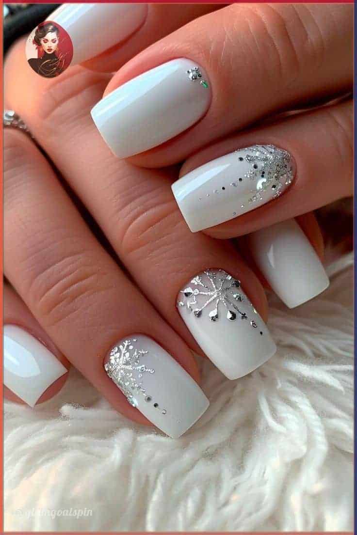 White Snowflake Rhinestone Square Nails — Winter Gel Nails