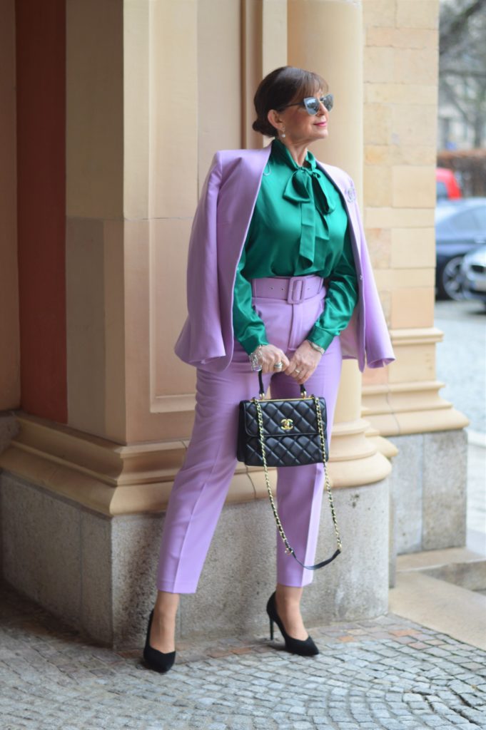 Emerald Green Bow Neck Blouse and Lavender Suit Separates Emerald Green Bow Neck Blouse and Lavender Suit Separates — Winter Outfits for Women Over 70