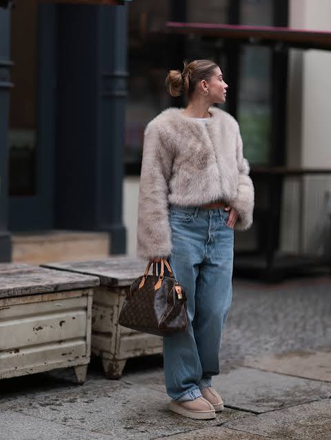 Chic Casual: Beige Ugg Platforms with a Cropped Furry Jacket Chic Casual: Beige Ugg Platforms with a Cropped Furry Jacket — Ugg Slippers Outfits