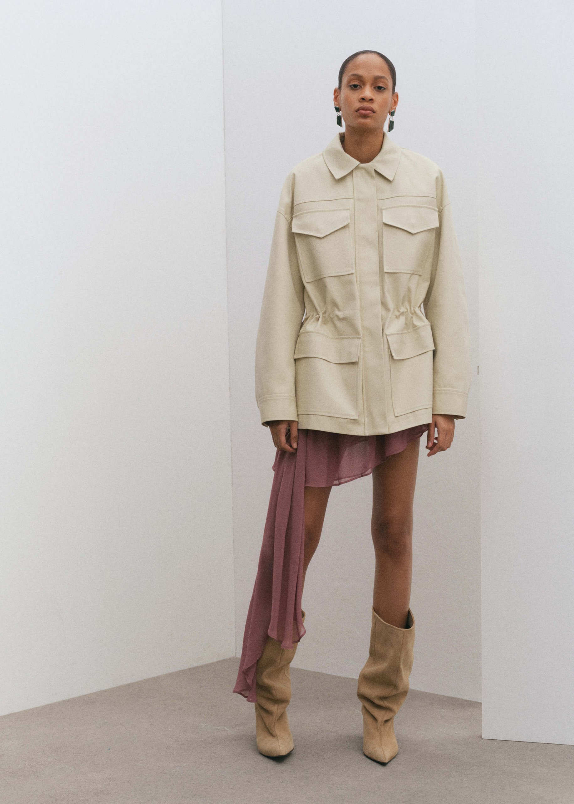 Beige Jacket with Asymmetric Dress and Slouch Boots Beige Jacket with Asymmetric Dress and Slouch Boots — Parka Outfits