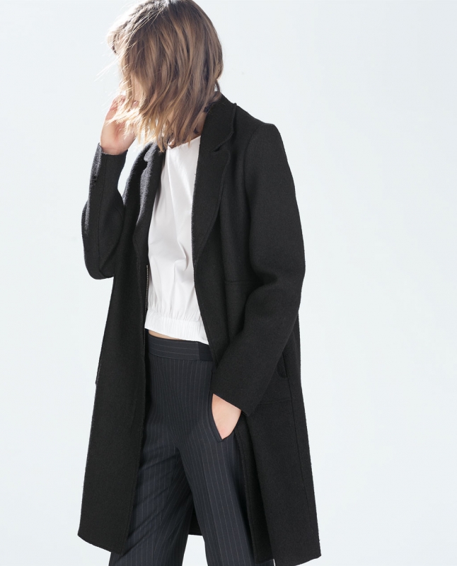 Classic Black Coat with White Top and Pinstripe Trousers — Black Coat Outfits