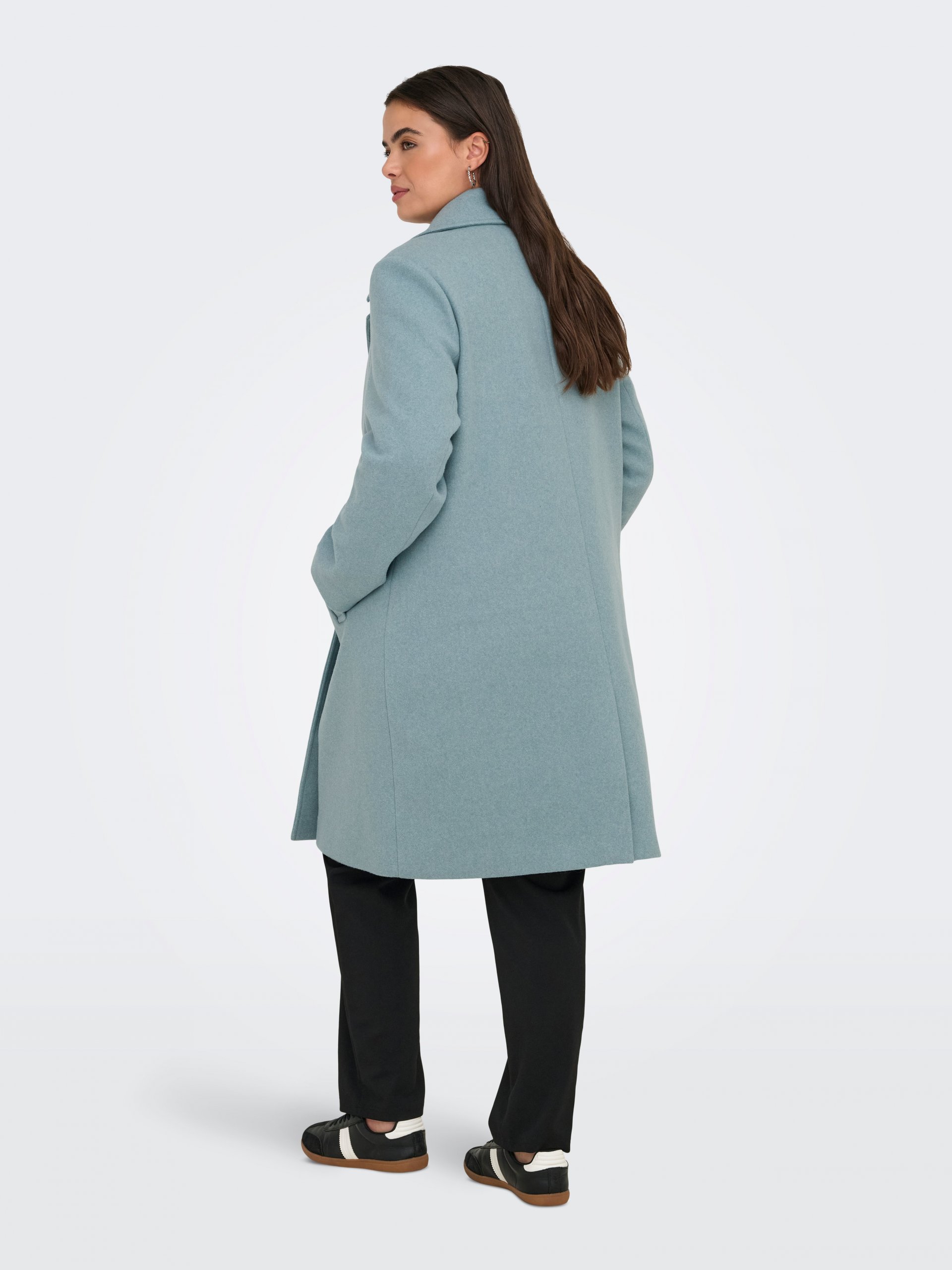 Light Blue Wool Coat with Black Trousers and Sneakers — Winter Outfits for Plus Size Women
