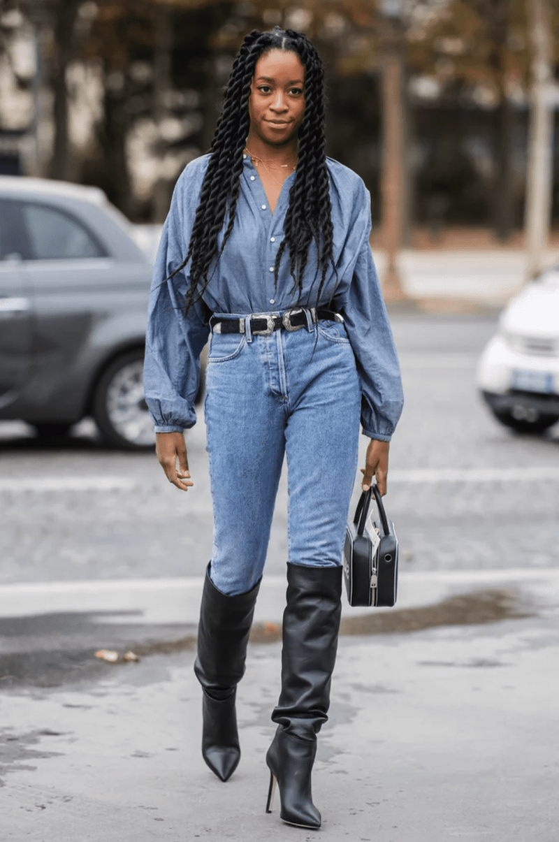 Denim Duo: All-Blue Jeans with Pointed-Toe Over-the-Knee Boots Denim Duo: All-Blue Jeans with Pointed-Toe Over-the-Knee Boots — Over the Knee Boots Outfits