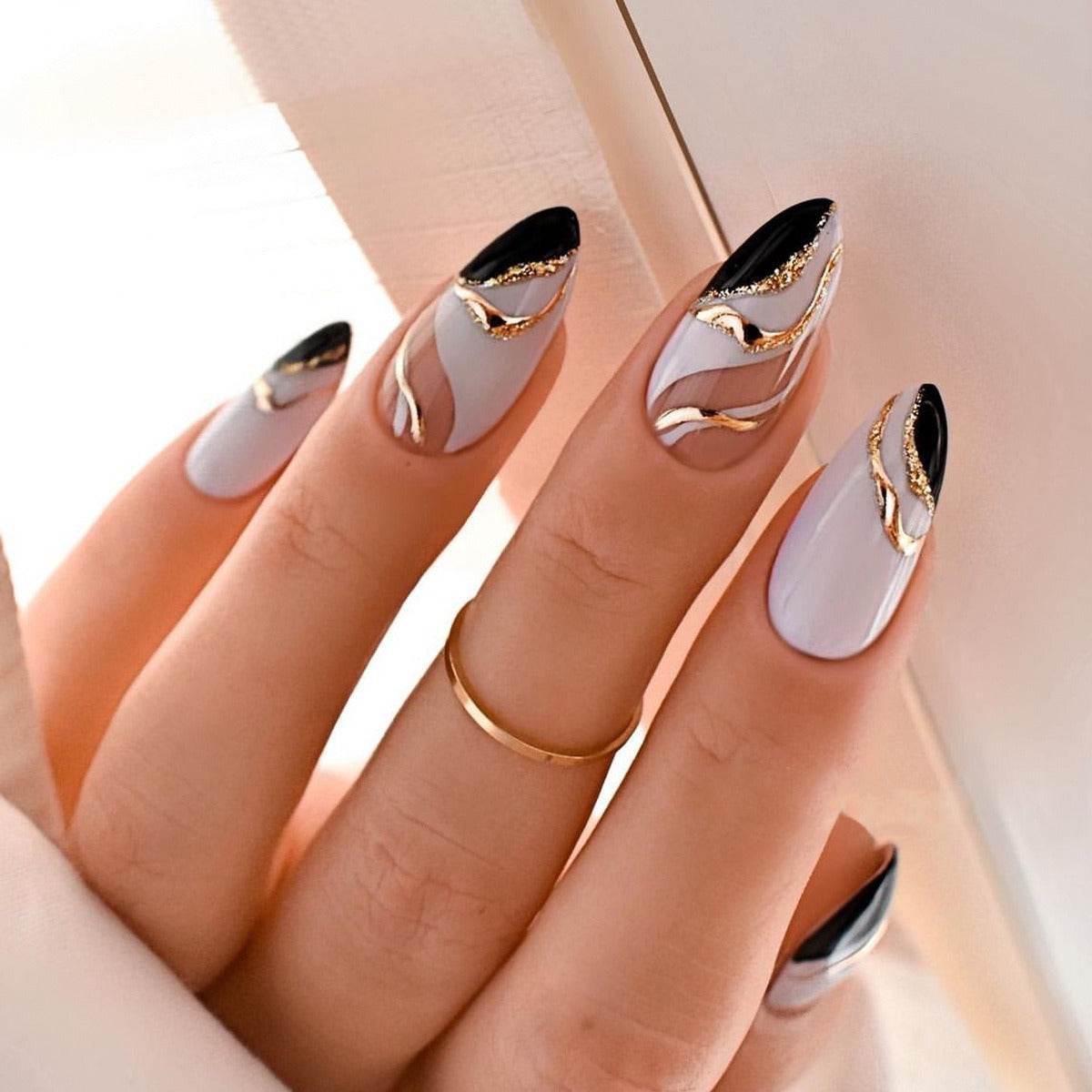 Light Grey Almonds with Abstract Gold Lines — Winter Almond Nails