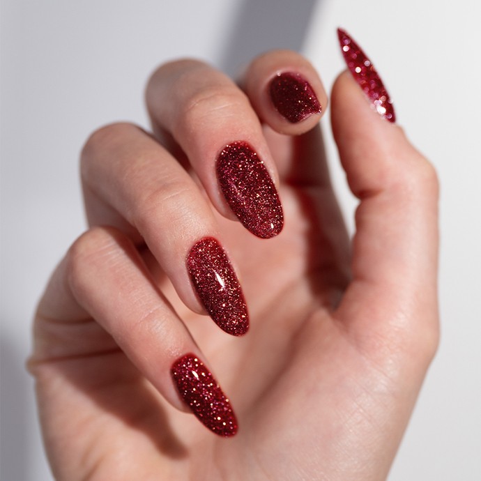 Deep Red Glitter Stiletto Nails — Winter Gel Nails