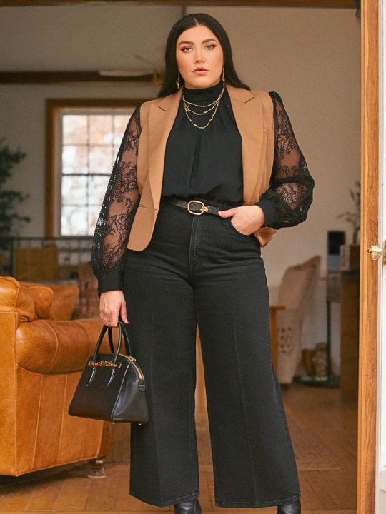 Camel Vest Over Lace Top with Wide-Leg Jeans — Winter School Outfits