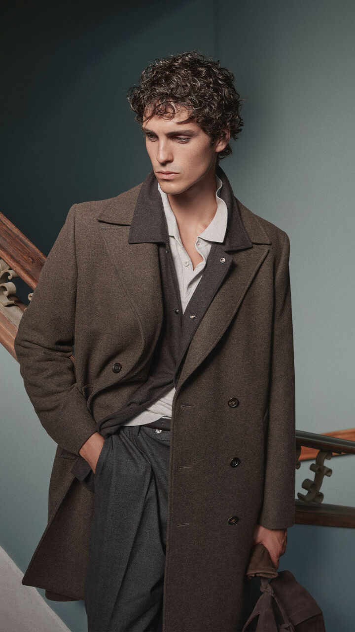 Textured Depth: Brown Double-Breasted Wool Coat — Winter Outfits for Men