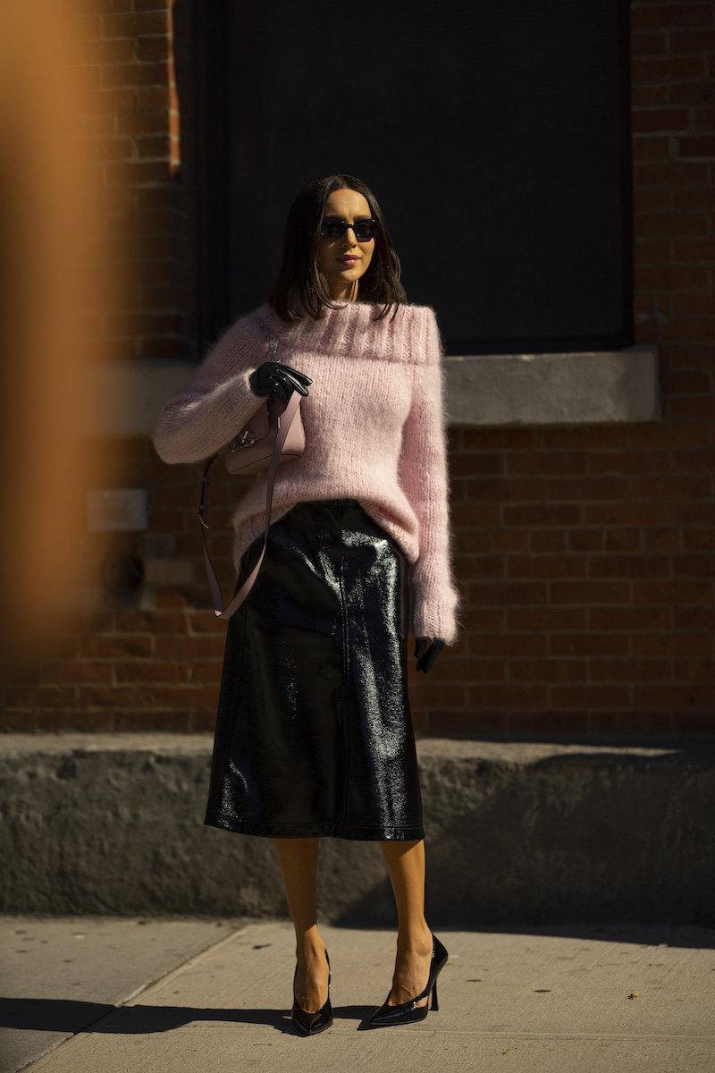 Black Patent Leather Midi Skirt with Pink Fuzzy Sweater and Gloves Black Patent Leather Midi Skirt with Pink Fuzzy Sweater and Gloves — Leather Skirt Outfits
