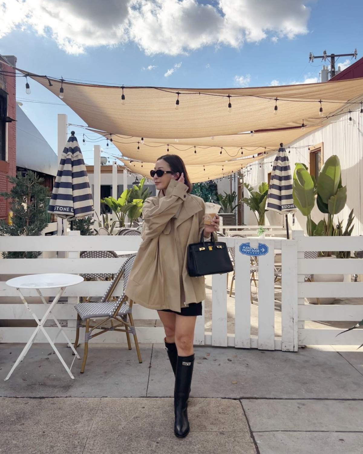 Casual Outing Mini Dress and Trench Coat with Knee-High Boots Casual Outing Mini Dress and Trench Coat with Knee-High Boots — Black Boots Outfits