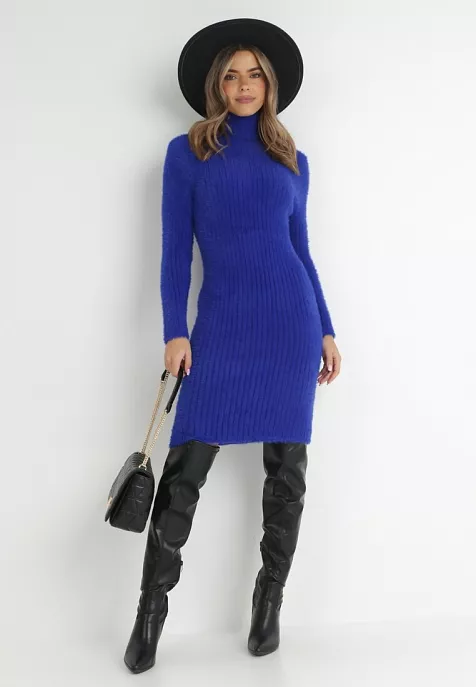 Vibrant Royal Blue Fuzzy Dress with Thigh-High Boots for Evening Vibrant Royal Blue Fuzzy Dress with Thigh-High Boots for Evening — Sweater Dress Outfits