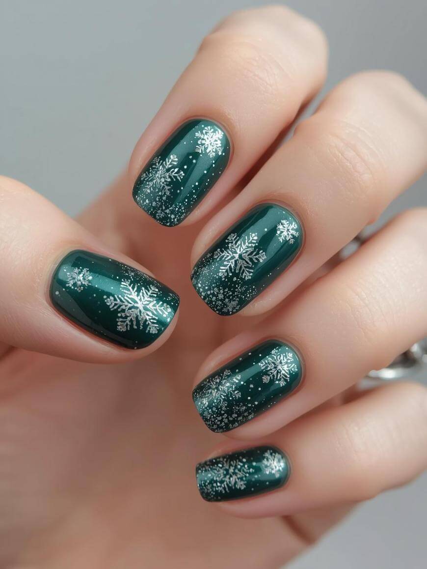Emerald Snowflake Silver Glitter Short Square Emerald Snowflake Silver Glitter Short Square — Winter Green Nails