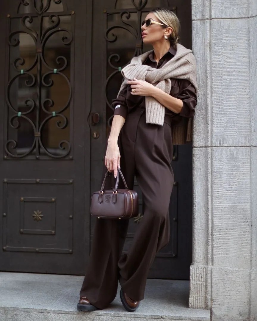 Monochromatic Chocolate Brown Shirt and Trousers with Knit Sweater Monochromatic Chocolate Brown Shirt and Trousers with Knit Sweater — Chocolate Brown Outfits