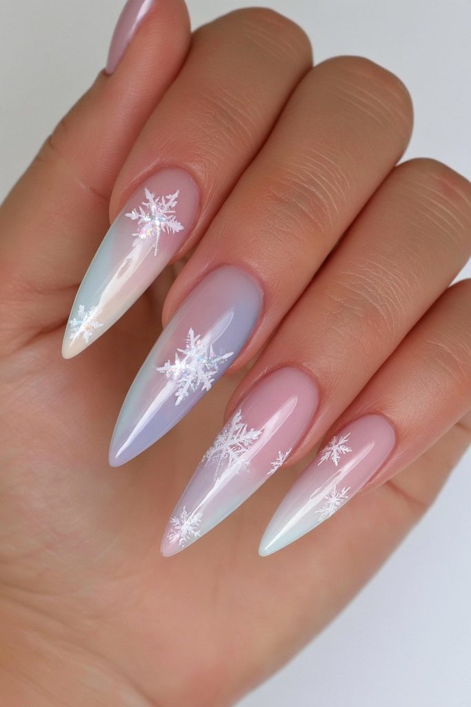Extra-Long Stiletto with Snowflake Decals Extra-Long Stiletto with Snowflake Decals — Pastel Winter Nails