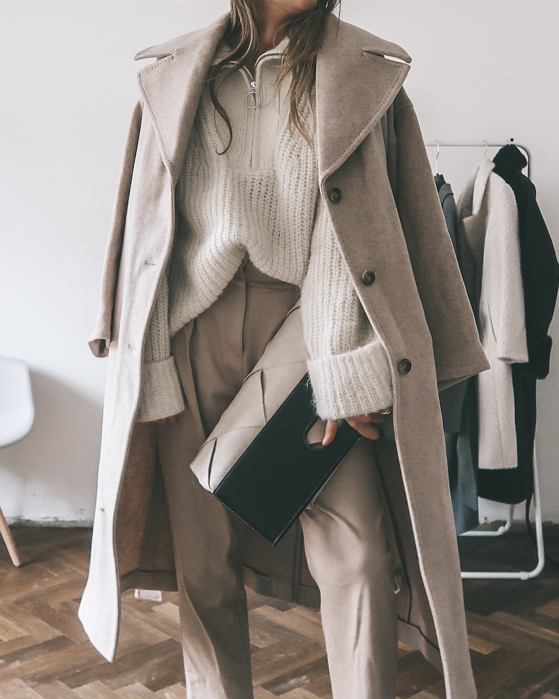 Textured Half-Zip Sweater with Oversized Coat — Neutral Winter Outfits