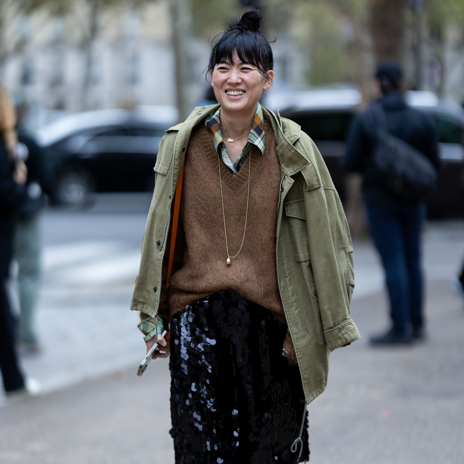 Utility Jacket with Knit Sweater and Sequin Skirt Utility Jacket with Knit Sweater and Sequin Skirt — London Winter Outfits