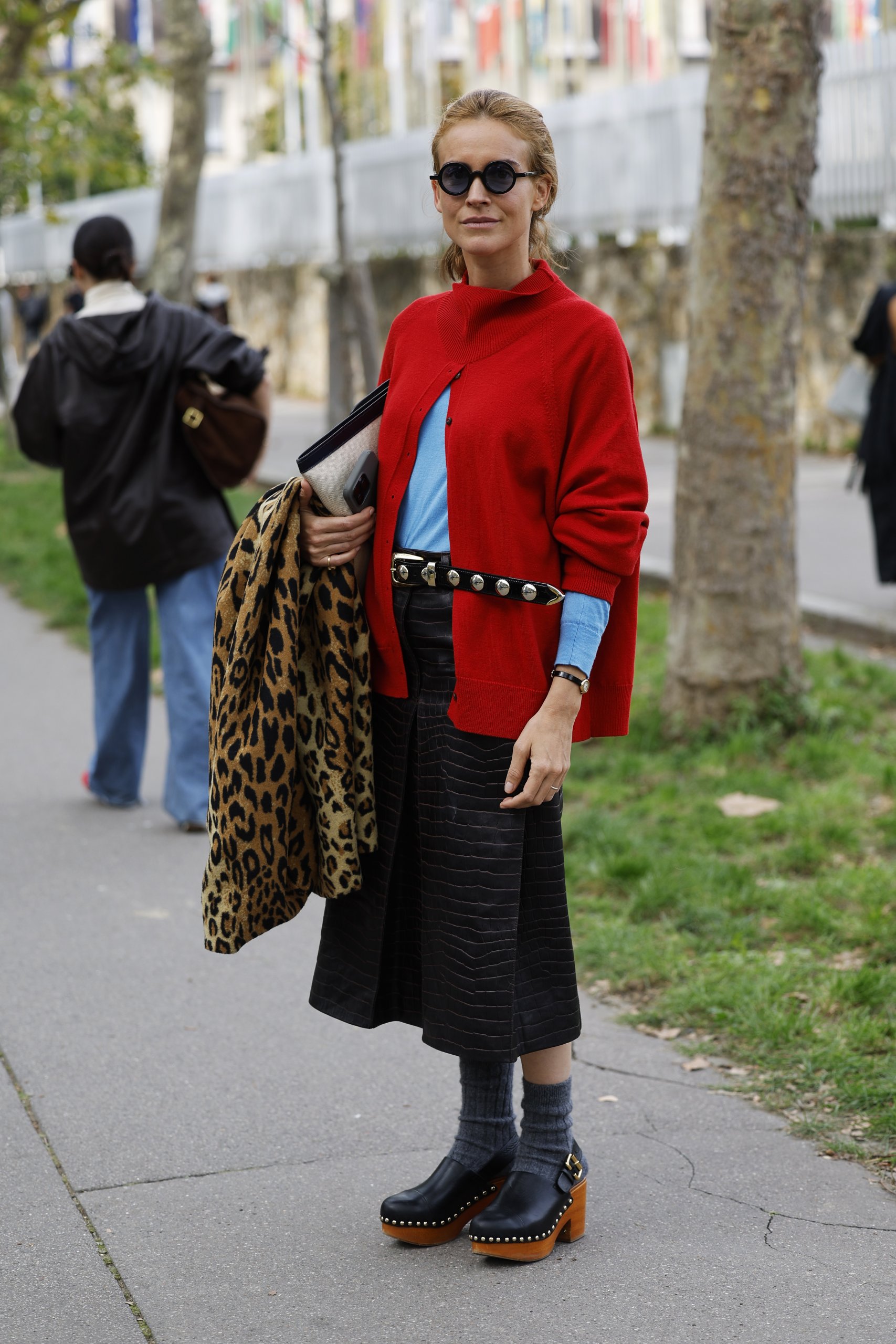 Draped Leopard Print Coat Over Blue Shirt and Black Skirt — Minimalist Winter Outfits