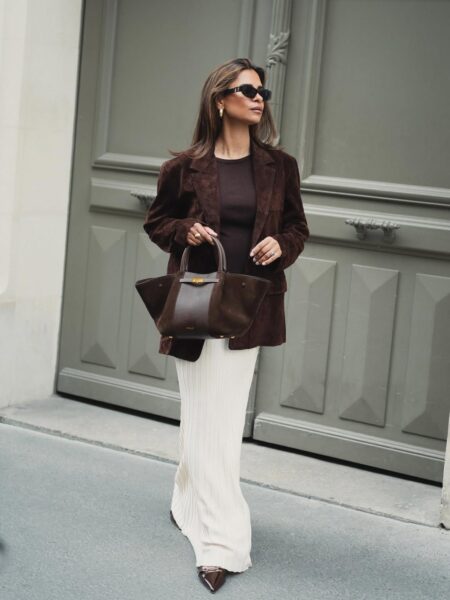 Cream Pleated Knit Maxi Skirt with Suede Blazer — Winter Skirt Outfits