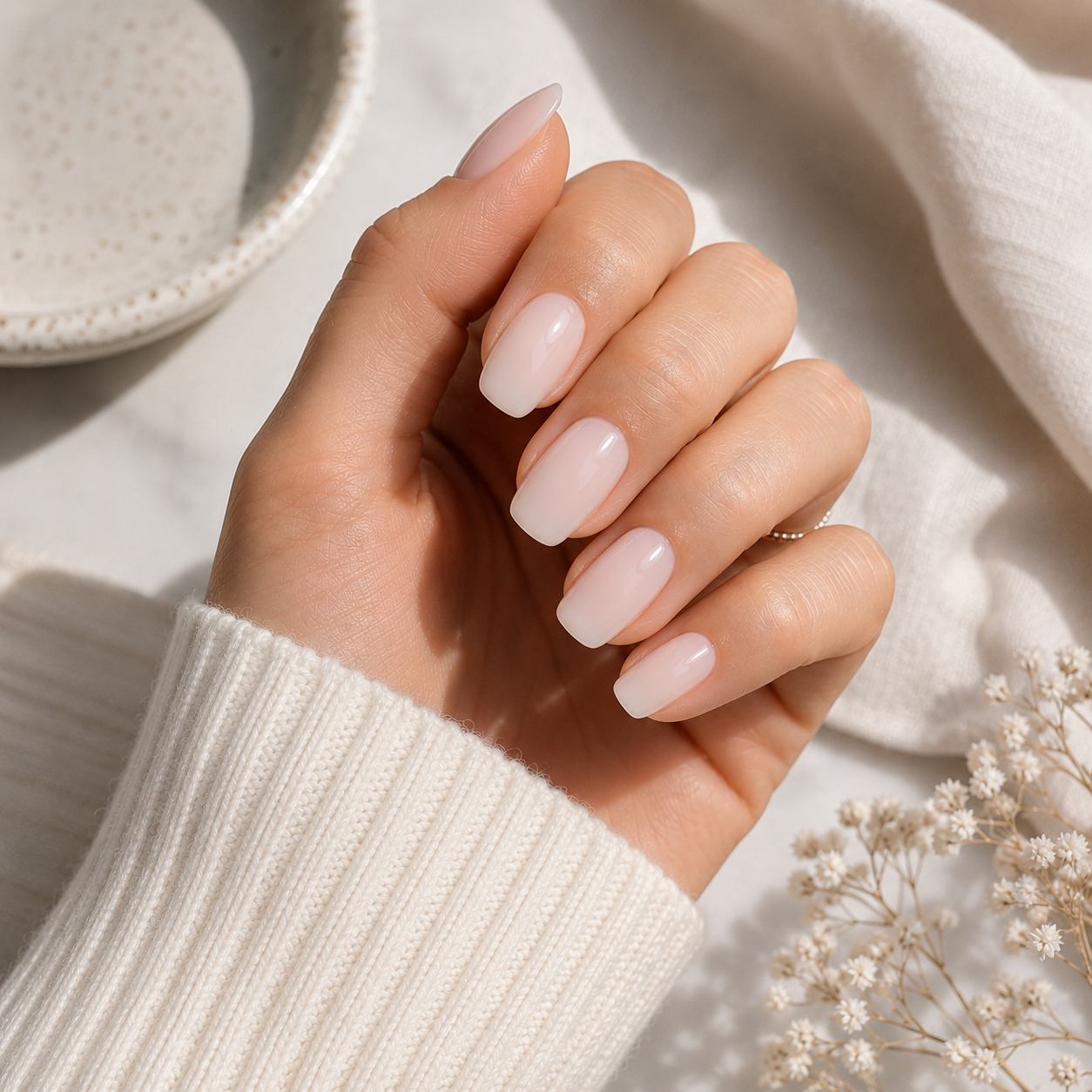 Sheer Milky Pink Nude Oval Nails — Winter Nude Nails