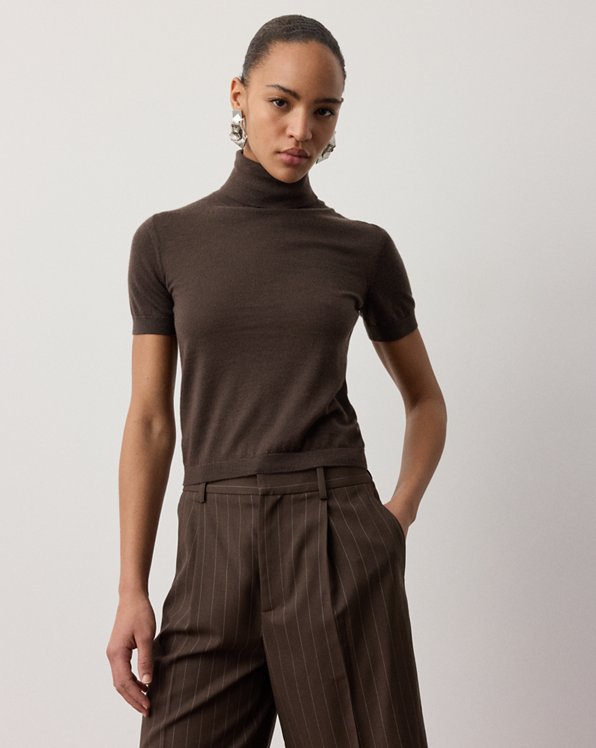 Brown Short-Sleeve Turtleneck with Pinstripe Trousers Brown Short-Sleeve Turtleneck with Pinstripe Trousers — Turtleneck Outfits