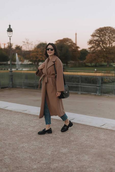 Belted Camel Coat with Blue Jeans and Loafers — Camel Coat Outfits