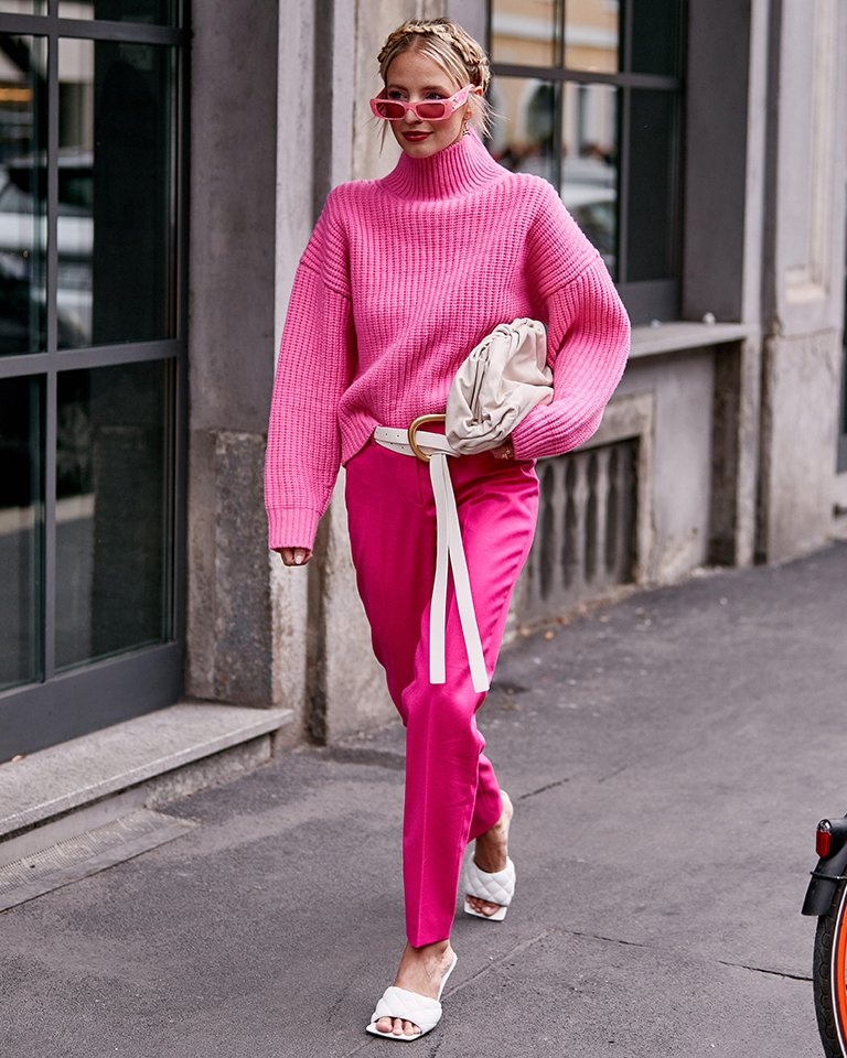 Hot Pink Oversized Turtleneck with Matching Satin Pants Hot Pink Oversized Turtleneck with Matching Satin Pants — Oversized Sweater Outfits