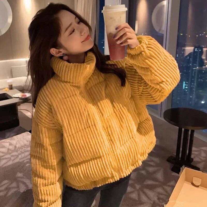 Vibrant Yellow Corduroy Puffer for a Bold Winter Look — Korean Winter Outfits