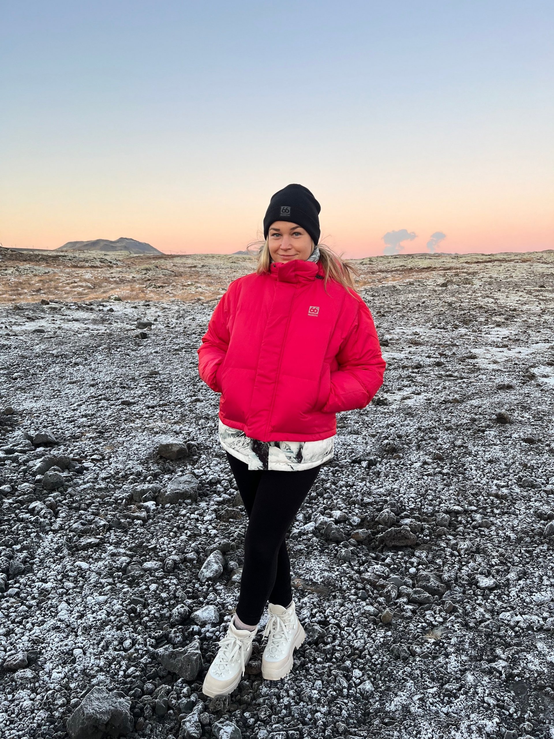 Bright Pink Puffer Jacket with White Layers and Chunky Sneakers Bright Pink Puffer Jacket with White Layers and Chunky Sneakers — Iceland Winter Outfits