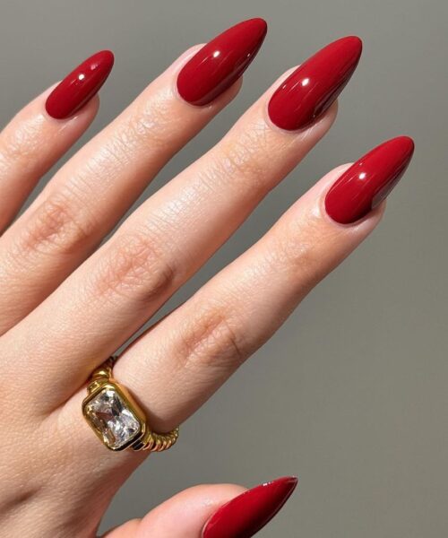 Classic Opaque Red High-Gloss Long Almond — Winter Red Nails